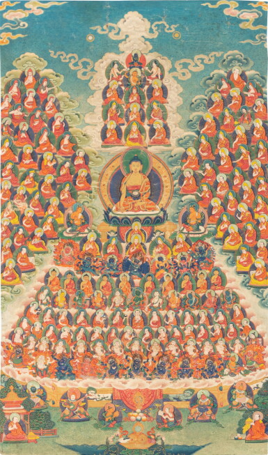View full screen - View 1 of Lot 14. A thangka depicting Gelug refuge field, Tibet, circa 1900 | 約1900年 藏傳皈依境唐卡 設色布本.