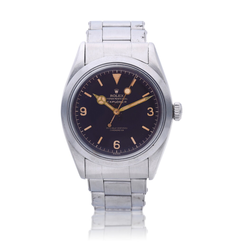 View full screen - View 1 of Lot 9. Reference 6610 Explorer A stainless steel automatic wristwatch with bracelet and tropical dial, Circa 1955.