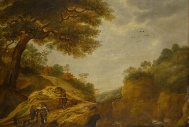 View full screen - View 1 of Lot 144. Hilly wooded landscape with elegant figures on a road.