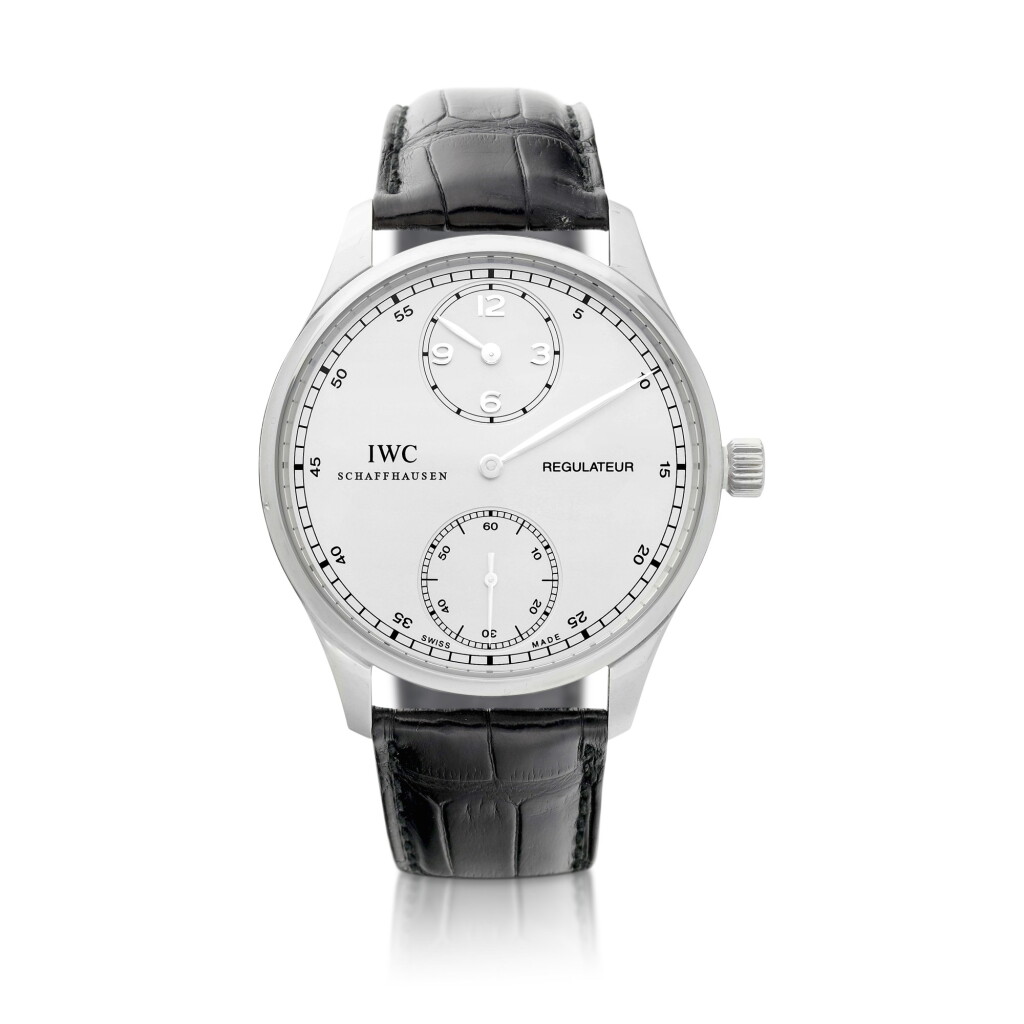 View full screen - View 1 of Lot 2129. Portuguese Regulator, Reference IW5444-03 | A limited edition platinum wristwatch with regulator dial, Circa 2008 |萬國 |Portuguese Regulator 型號IW5444-03 | 限量版鉑金腕錶,備三針一線錶盤,約2008年製.