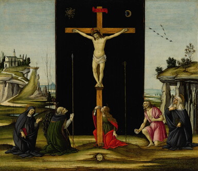 View full screen - View 1 of Lot 5. Christ on the Cross adored by Saints Monica, Augustine, Mary Magdalen, Jerome and Bridget of Sweden | 《聖莫尼卡、聖奧古斯丁、聖瑪利亞・瑪達肋納、聖傑羅姆及瑞典聖畢哲敬拜十字架上的耶穌》.