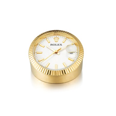 View full screen - View 1 of Lot 2002. ROLEX | A HEAVY GILT BRASS DISPLAY DESK CLOCK WITH DATE, CIRCA 2010 | 勞力士 | 鍍金銅製座鐘,備日期顯示,外殼編號8135-0037,約2010年製.