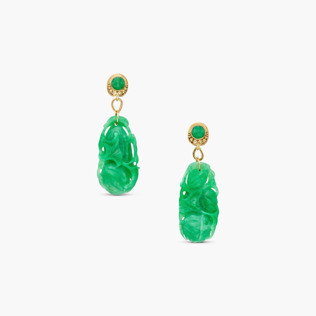 View full screen - View 1 of Lot 394. Pair of Gold and Jadeite Pendant-Earclips.