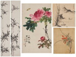 A group of five paintings depicting flowers and plants | 佚名《墨竹圖》水墨紙本 立軸、佚名《幽篁圖》水墨紙本 立軸、(款)何涵宇《牡丹圖》設色紙本 立軸、(款)梁藹如《孤舟渡江》水墨紙本 冊頁 及 佚名《狀元紅》設色絹本