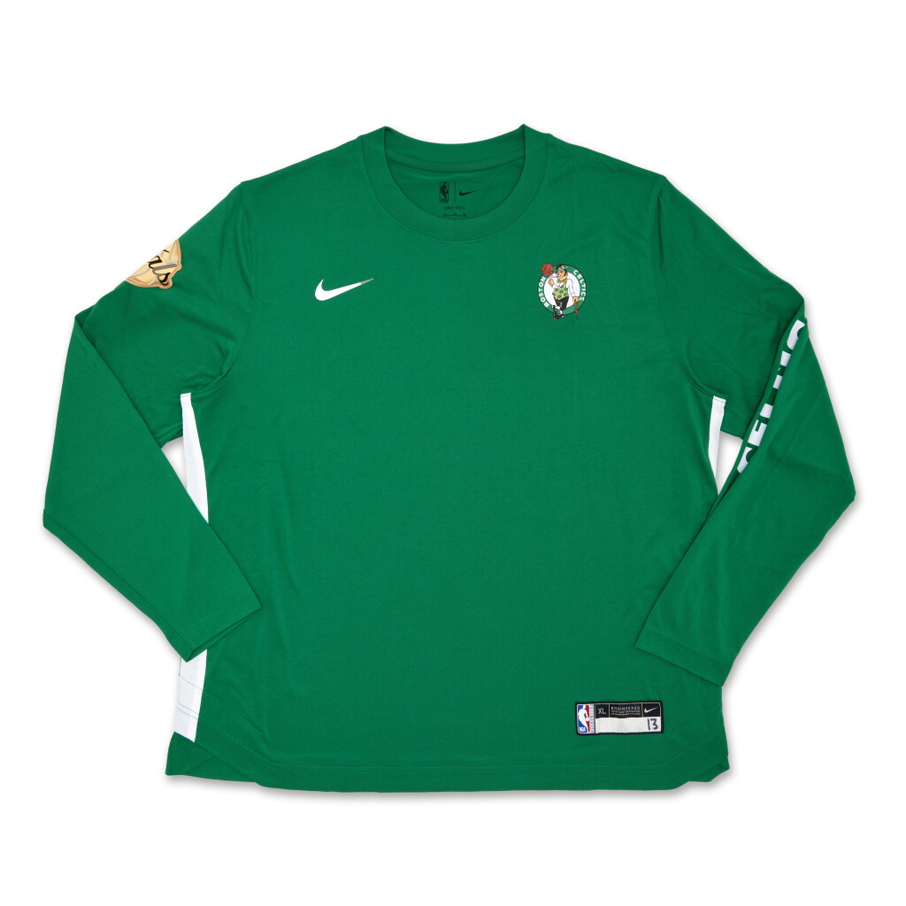View full screen - View 1 of Lot 26. Drew Peterson Boston Celtics 2024 NBA Finals Game Issued Long Sleeve Shooting Shirt.