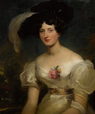 View full screen - View 1 of Lot 338. Portrait of Mrs. Hart Davis, half length, in a white gown with a gold sash and a black velvet hat.