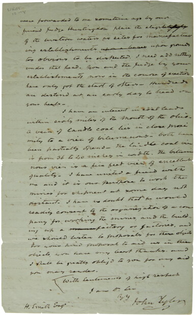 View full screen - View 1 of Lot 2153. Tyler, John, autograph letter signed to H. Smith Esqr., Sherwood Forest, Virginia, 5 February 1849.