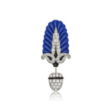View full screen - View 1 of Lot 13. Lapis Lazuli, Onyx, Enamel and Diamond Jabot Pin.