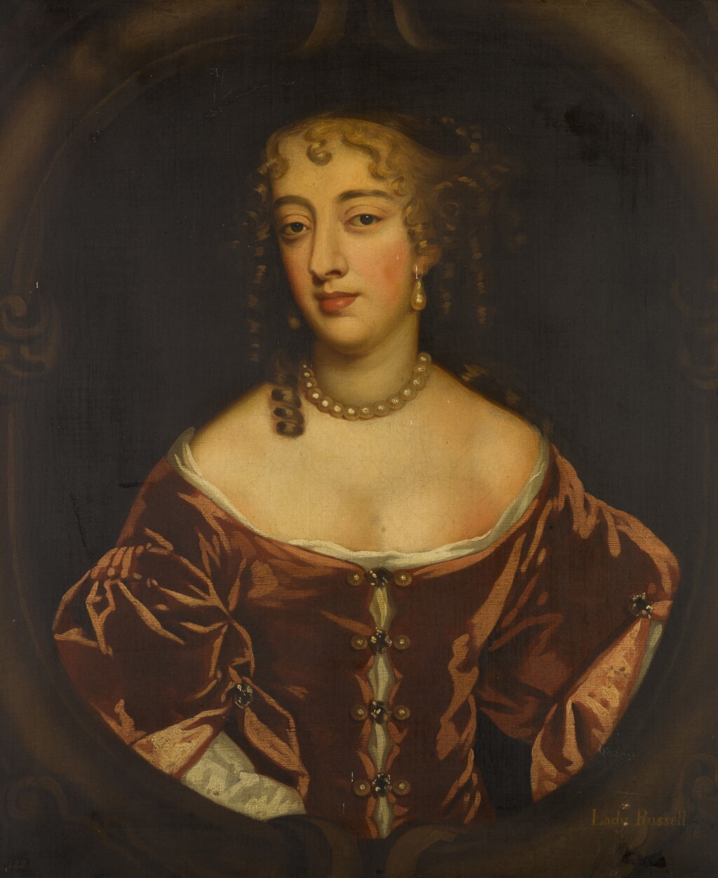 View full screen - View 1 of Lot 38. Portrait of Anne Popham (née Carr), half-length, wearing a red satin dress.