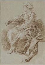 FRANÇOIS BOUCHER | STUDY OF A SEATED WOMAN WITH SCARF, FOR L'ÉDUCATION DE LA VIERGE