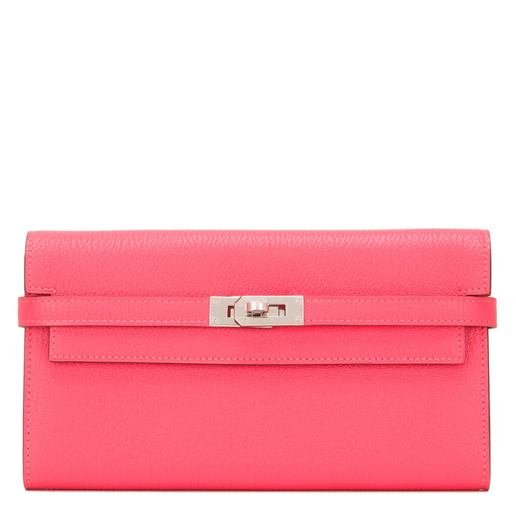 View full screen - View 1 of Lot 13. Hermès Rose Lipstick Kelly Long Wallet of Chevre Leather with Palladium Hardware.