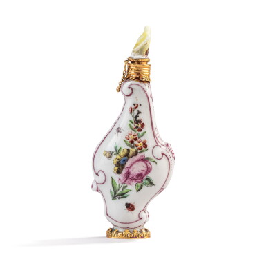 View full screen - View 1 of Lot 606. A St James’s (Charles Gouyn’s factory) porcelain scent bottle and stopper, circa 1755, with gold mounts.