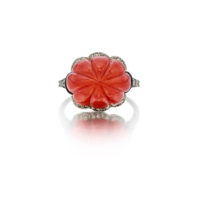 View full screen - View 1 of Lot 263. Coral, Enamel and Diamond Ring, France.