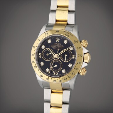 View full screen - View 1 of Lot 35. Reference 116523 Daytona | A stainless steel, yellow gold, and diamond-set automatic chronograph wristwatch with bracelet, Circa 2006.