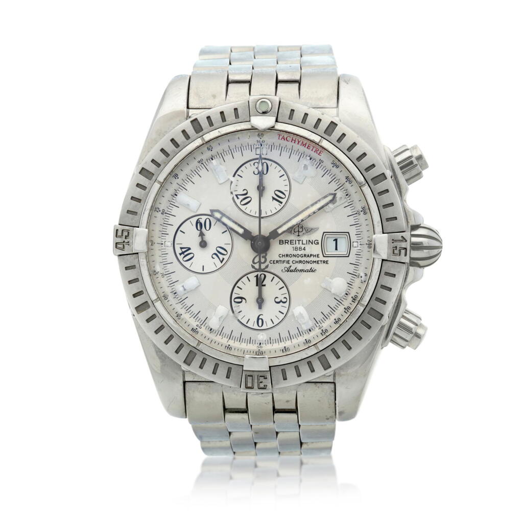 View full screen - View 1 of Lot 100. Reference A13356 Chronomat Evolution A stainless steel automatic chronograph wristwatch with date and bracelet, Circa 2005.