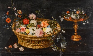 View full screen - View 1 of Lot 115. Still life with flowers in a basket and in a gilt tazza.
