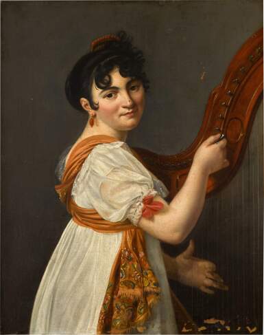 View full screen - View 1 of Lot 106. Portrait of a lady, three-quarter-length, tuning a harp.