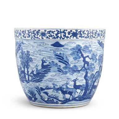 View full screen - View 1 of Lot 8905. A large blue and white ‘hundred deer’ jardinière, Ming dynasty, Wanli period 明萬曆 青花百鹿缸.