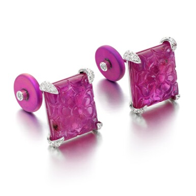 View full screen - View 1 of Lot 1042. Pair of white gold, pink titanium, diamond and ruby cufflinks .