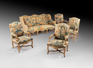 View full screen - View 1 of Lot 25. A set of giltwood and petit point needlework seat furniture, early Louis XV | Mobilier de salon en hêtre redoré et broderie au petit point, début de l'époque Louis XV.