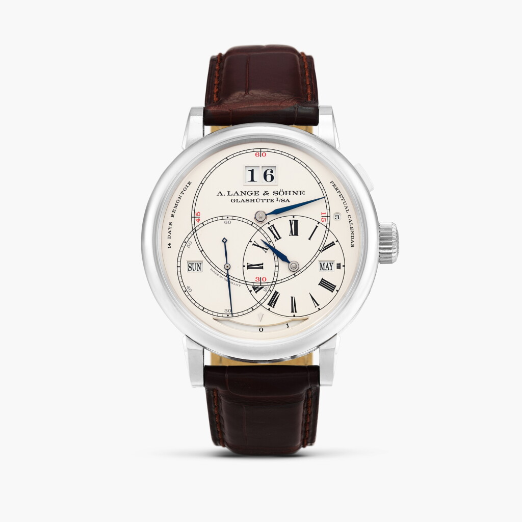 View full screen - View 1 of Lot 2377. Richard Lange Perpetual Calendar "Terraluna", Reference 180.026 | A white gold perpetual calendar wristwatch with moon phases, power reserve, day and night, leap year indication and regulator dial, Circa 2016.