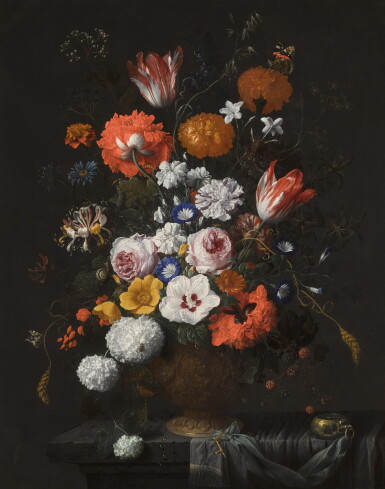 View full screen - View 1 of Lot 27. Still life of flowers in a terracotta vase, including roses, parrot tulips, morning glory, carnations, snowball, aster, marigold, larkspur and opium poppy, on a partly draped stone ledge with a watch.