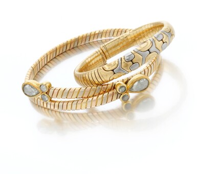 View full screen - View 1 of Lot 154. Gold and diamond chocker and a gold and steel bracelet, 'Gaspipe' (Chocker e bracciale 'Tubogas' in acciaio, oro e diamanti ).