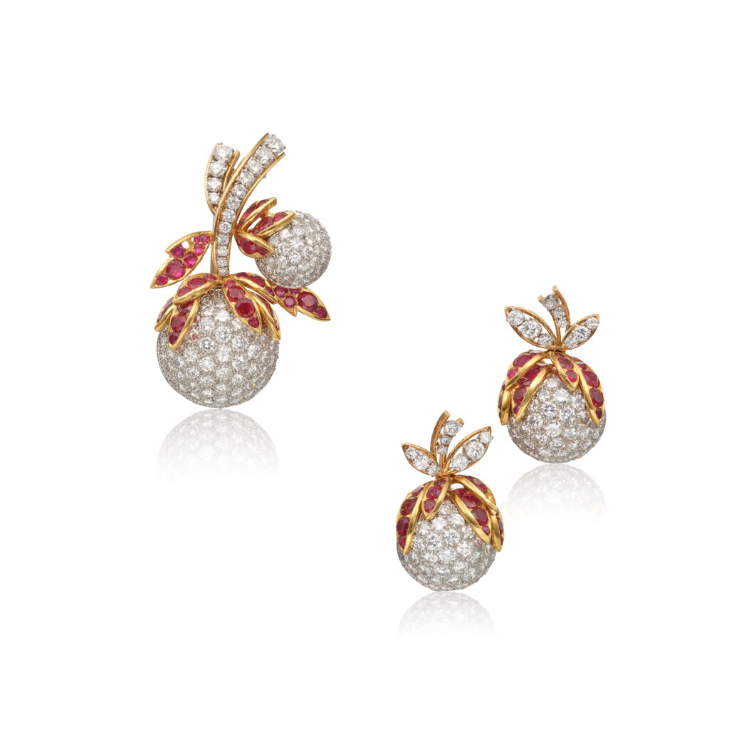 View full screen - View 1 of Lot 208. Ruby and Diamond Clip-Brooch and Pair of Earclips, France.