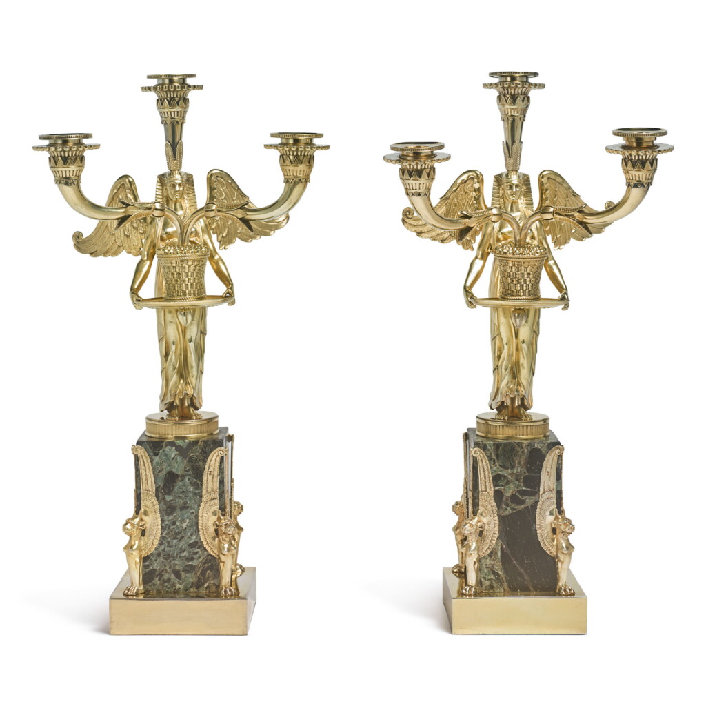 View full screen - View 1 of Lot 797. A PAIR OF ENGLISH SILVER-GILT AND HARDSTONE EGYPTIAN REVIVAL THREE-LIGHT CANDELABRA, FREDERICK COURTHOPE, LONDON, 1888, BRANCHES LONDON, 1804.