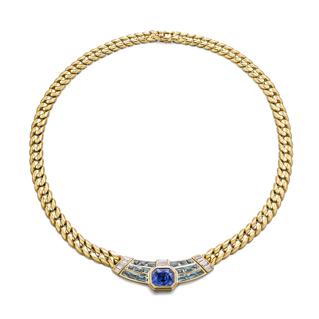View full screen - View 1 of Lot 1934. Sapphire, Aquamarine and Diamond Necklace |寶格麗| 天然「斯里蘭卡」未經加熱藍寶石 配 海藍寶 配 鑽石 項鏈.