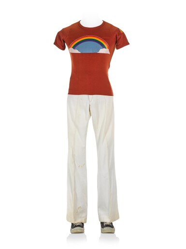 View full screen - View 1 of Lot 2072. Freddie Mercury’s ‘Rainbow Discotheque’ T-Shirt, c. 1977, with trousers and sneakers.