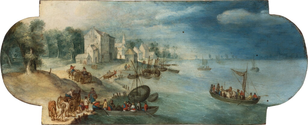 View full screen - View 1 of Lot 343. River landscape with boats and a town beyond.
