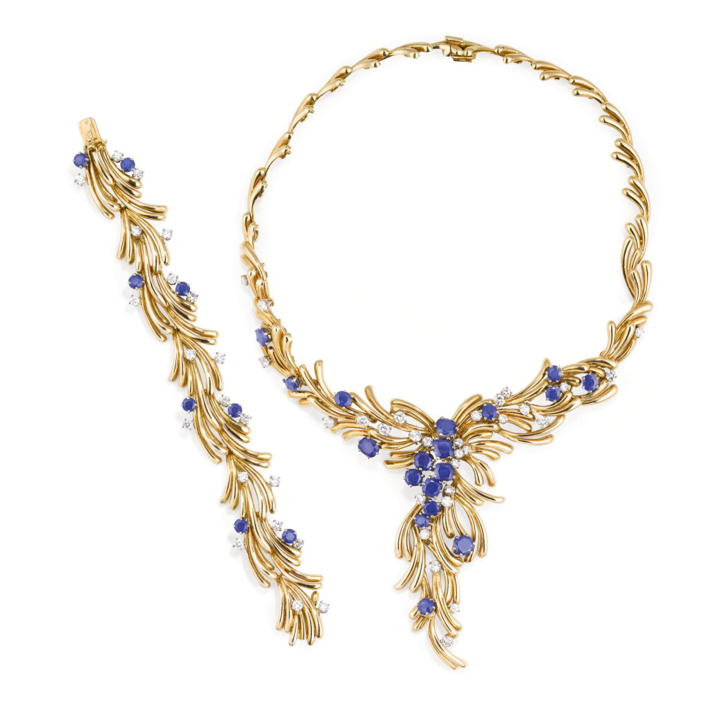 View full screen - View 1 of Lot 163. DEMI-PARURE SAPHIRS ET DIAMANTS, MELLERIO, 1977 & 1979 | SAPPHIRE AND DIAMOND DEMI-PARURE, MELLERIO, 1977 & 1979.