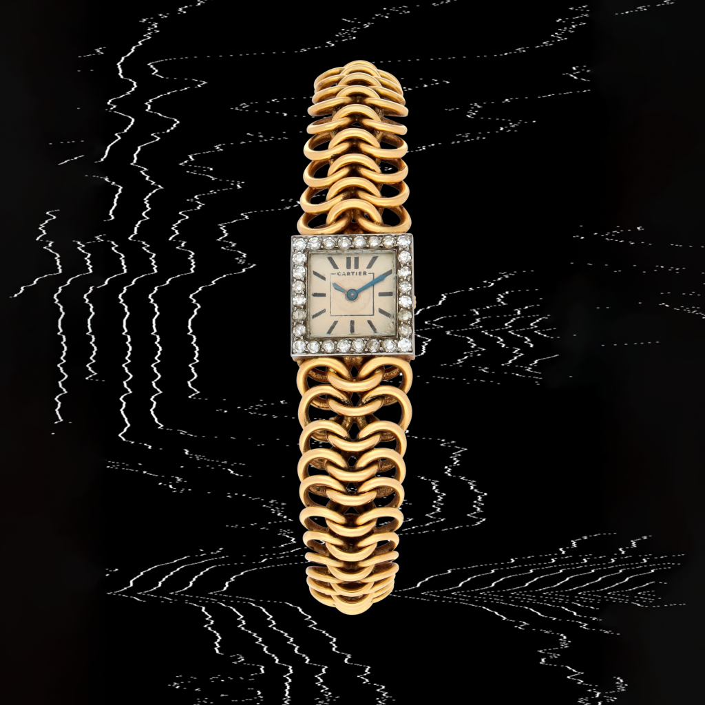 View full screen - View 1 of Lot 8. A yellow gold and diamond-set bracelet watch with interlinked bracelet | Circa 1956.