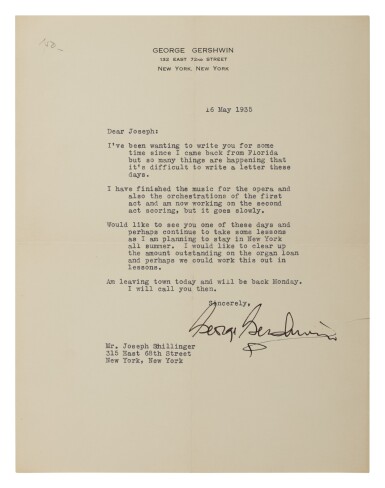 View full screen - View 1 of Lot 85. GEORGE GERSHWIN | George Gershwin writes to his music teacher, describing his progress with Porgy and Bess.