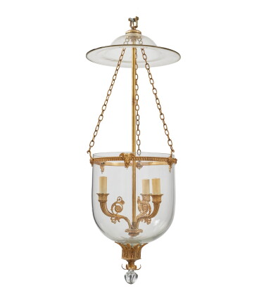 View full screen - View 1 of Lot 267. AN EMPIRE GILT BRONZE THREE-LIGHT HANGING LANTERN, EARLY 19TH CENTURY.