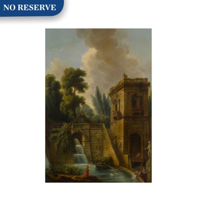 View full screen - View 1 of Lot 77. View of a grand waterfall in Tivoli, with washerwomen in the foreground.