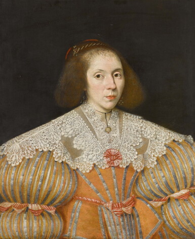 View full screen - View 1 of Lot 331. Portrait of a lady, half-length, in an orange striped dress with a lace collar and red and white bows.
