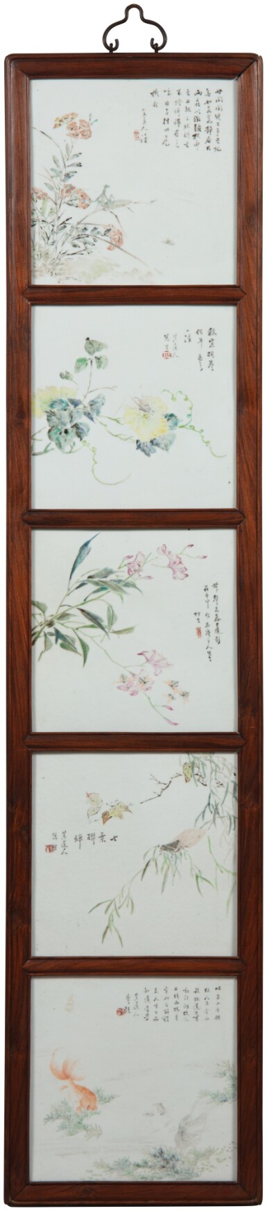 View full screen - View 1 of Lot 53. A rare set of five ‘qianjiang’ enameled plaques, signed Cheng Men (1833 - 1908), Late Qing dynasty | 清末 程門款 淺絳彩花卉紋瓷板一套五屏.