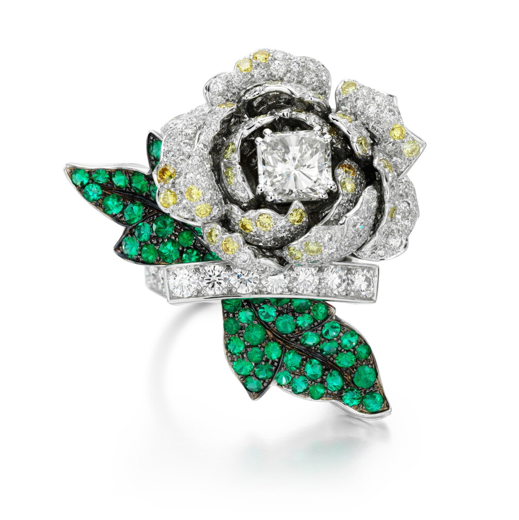 View full screen - View 1 of Lot 61. BOUCHERON | DIAMOND, EMERALD AND COLOURED DIAMOND RING, 'BOTANE'.