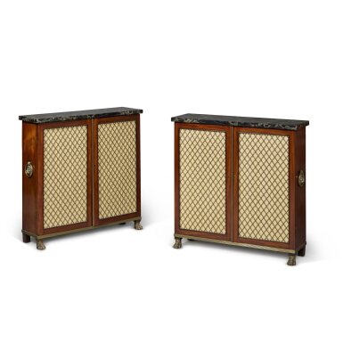 View full screen - View 1 of Lot 101. A Pair of Regency Brass-Mounted Ebonized and Mahogany Side Cabinets, Circa 1810-15.