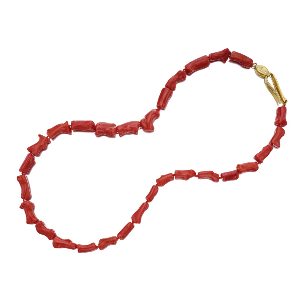 View full screen - View 1 of Lot 345. Gold, Coral and Diamond Necklace.