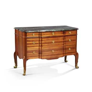 View full screen - View 1 of Lot 310. A Louis XV gilt-bronze mounted and satiné veneered commode "à la grecque", stamped by Jean-François Oeben | Commode à la grecque en placage de bois de satiné et bronze doré, d'époque Louis XV vers 1762, estampillée Jean-François Oeben.