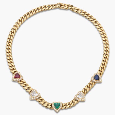 View full screen - View 1 of Lot 915. Gold, Ruby, Emerald, Sapphire and Diamond Necklace.