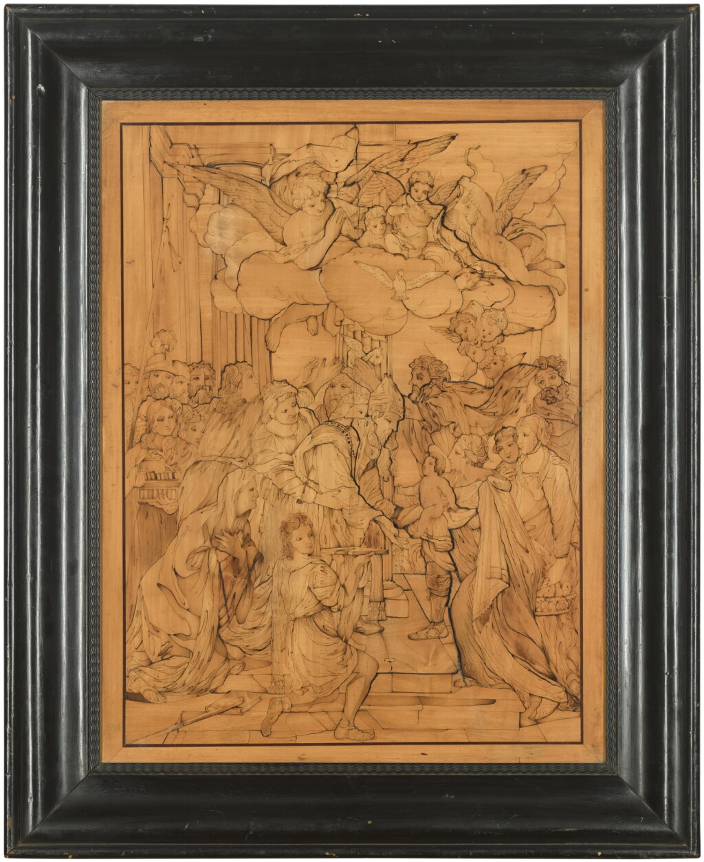 View full screen - View 1 of Lot 110. An Italian intarsia panel of 'The Presentation in the Temple' after Charles Mellin (1597-1649), circa 1800.
