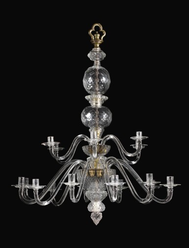 View full screen - View 1 of Lot 9. A George I cut and blown glass eighteen-light chandelier, Circa 1720-25.