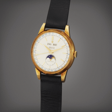 View full screen - View 1 of Lot 128. Reference 8171 'Padellone' | A yellow gold triple calendar wristwatch with moon phases Circa 1952 | 勞力士 型號 8171 'Padellone' 黃金全日曆腕錶備月相顯示,製作年份約 1952.