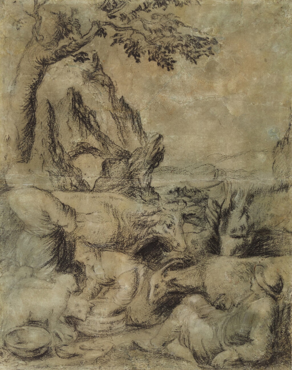 View full screen - View 1 of Lot 513. ATTRIBUTED TO LEANDRO DA PONTE CALLED LEANDRO BASSANO | Recto: Herdsmen and shepherds with their animals Verso: Head of a man, and a standing young workman .