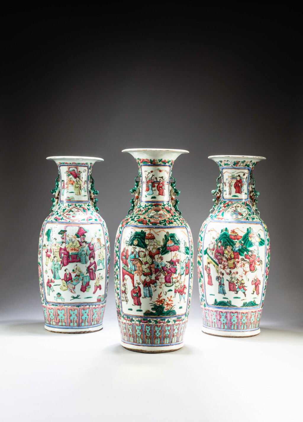 View full screen - View 1 of Lot 66. A group of three Canton famille-rose 'figural' vases, Qing dynasty, late 19th century | 清十九世紀末 廣東粉彩人物故事圖瓶 一組三件.