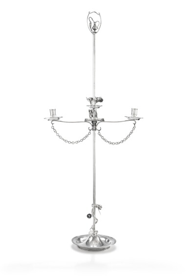 View full screen - View 1 of Lot 135. A large silver two-light lamp, Gioacchino Belli, Rome, 1811-1822 | Grande lampe à deux lumières en argent par Gioacchino Belli, Rome, 1811-1822.